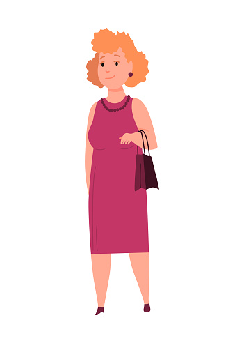 Over size woman. Adult lush lady in festive clothe flat cartoon style. Female character with overweight. Vector person