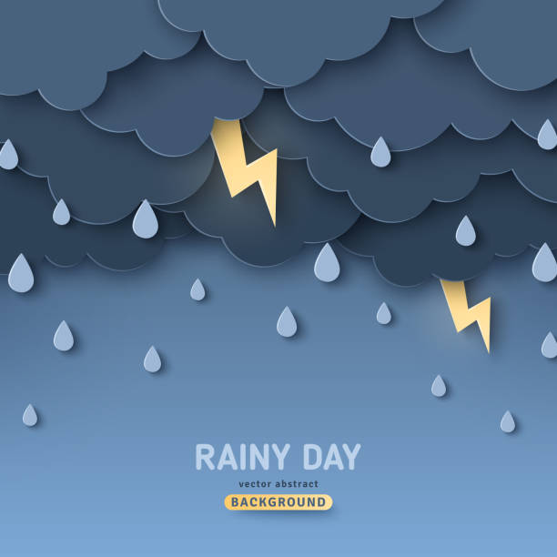 Overcast sky, thunder and lightning Overcast sky, thunder and lightning in paper cut style. Vector illustration. Rainy day concept with dark clouds. storm stock illustrations
