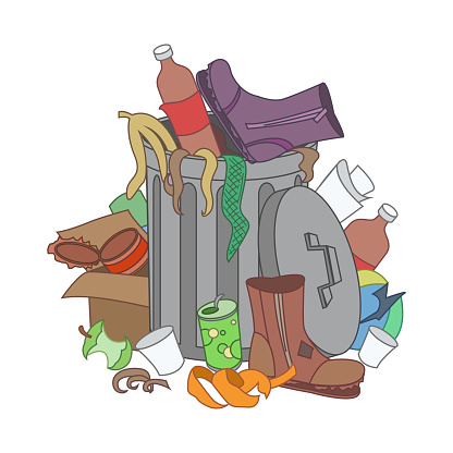 Overflowing trash recycle bin. Waste have been disposed improperly around the dust bin. Garbage can is full of trash. Trash on the ground. Vector Illustration.