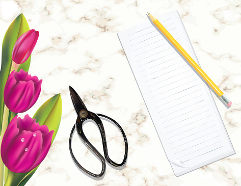 Overhead Desk Mockup With Tulips, Notepad And Scissors