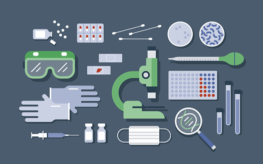 Overhead view of neatly ordered medical laboratory supplies