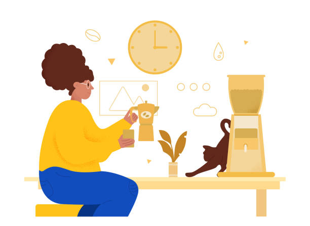 Oversize woman have late lunch in lounge room. Oversize woman have late lunch in lounge room. Cat try to steal some snacks. Flat abstract metaphor cartoon vector illustration concept design. Simple art isolated on white background. curley cup stock illustrations