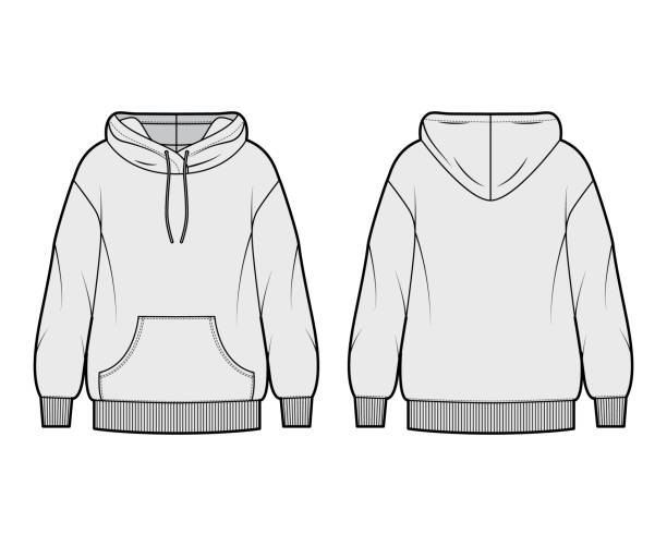 Oversized cotton-fleece hoodie technical fashion illustration with pocket, relaxed fit, long sleeves. Flat jumper Oversized cotton-fleece hoodie technical fashion illustration with pocket, relaxed fit, long sleeves. Flat outwear jumper apparel template front, back grey color. Women, men, unisex sweatshirt top CAD blank hoodie template drawing stock illustrations