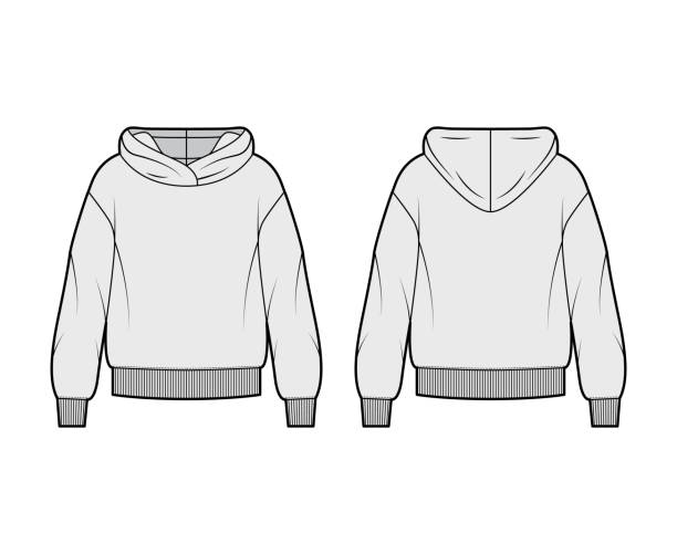 Oversized cotton-fleece hoodie technical fashion illustration with relaxed fit, long sleeves. Flat outwear jumper Oversized cotton-fleece hoodie technical fashion illustration with relaxed fit, long sleeves. Flat outwear jumper apparel template front, back, grey color. Women, men, unisex sweatshirt top CAD mockup blank hoodie template drawing stock illustrations