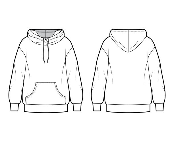 Oversized cotton-fleece hoodie technical fashion illustration with pocket, relaxed fit, long sleeves. Flat jumper Oversized cotton-fleece hoodie technical fashion illustration with pocket, relaxed fit, long sleeves. Flat outwear jumper apparel template front back white color. Women, men, unisex sweatshirt top CAD blank hoodie template drawing stock illustrations
