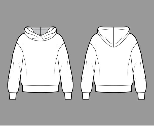 Oversized cotton-fleece hoodie technical fashion illustration with relaxed fit, long sleeves. Flat outwear jumper Oversized cotton-fleece hoodie technical fashion illustration with relaxed fit, long sleeves. Flat outwear jumper apparel template front, back white color. Women, men, unisex sweatshirt top CAD mockup hoodie stock illustrations