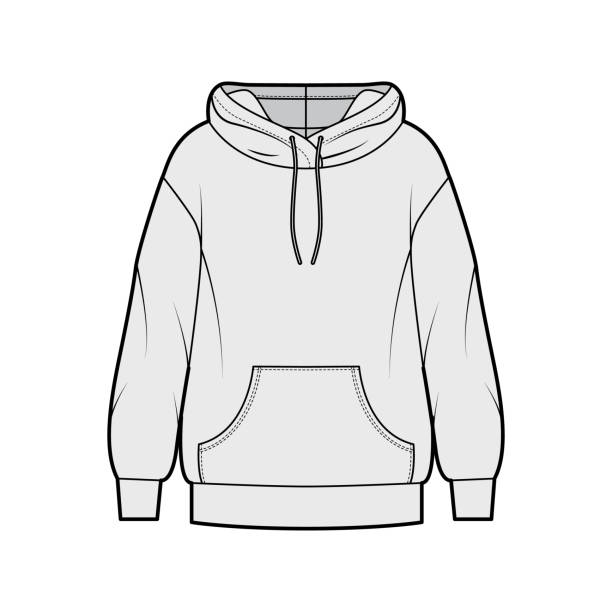 Oversized cotton-fleece hoodie technical fashion illustration with pocket, relaxed fit, long sleeves. Flat jumper Oversized cotton-fleece hoodie technical fashion illustration with pocket, relaxed fit, long sleeves. Flat outwear jumper apparel template front, grey color. Women, men, unisex sweatshirt top CAD blank hoodie template drawing stock illustrations