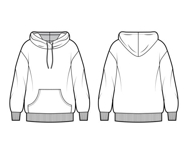 Oversized cotton-fleece hoodie technical fashion illustration with pocket, relaxed fit, long sleeves. Flat jumper Oversized cotton-fleece hoodie technical fashion illustration with pocket, relaxed fit, long sleeves. Flat outwear jumper apparel template front back white color. Women, men, unisex sweatshirt top CAD hoodie stock illustrations