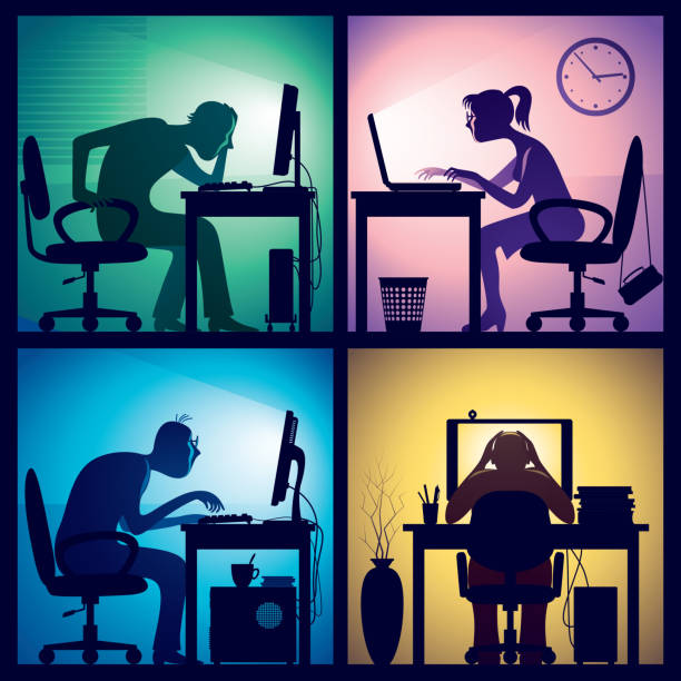 Overtime Man and woman sitting in front of screens in a dark office room. laptop silhouettes stock illustrations