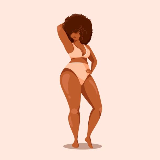 Overweight african american woman wearing swimsuit. Body positive concept Plus size african american woman with curly hair wearing swimsuit. Vector illustration of body positive vibes, fun, positive energy, lifestyle and fashion. Body positive concept. Attractive curvy overweight model. positive body image stock illustrations