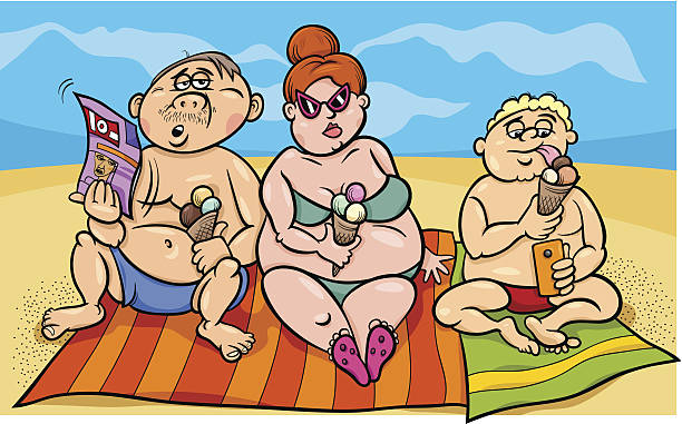 overweight family on the beach Cartoon Humor Illustration of Overweight Family on the Beach cartoon of fat lady in swimsuit stock illustrations