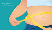 overweight, fat person use scale to measure his waistline with blue background vector illustration eps10