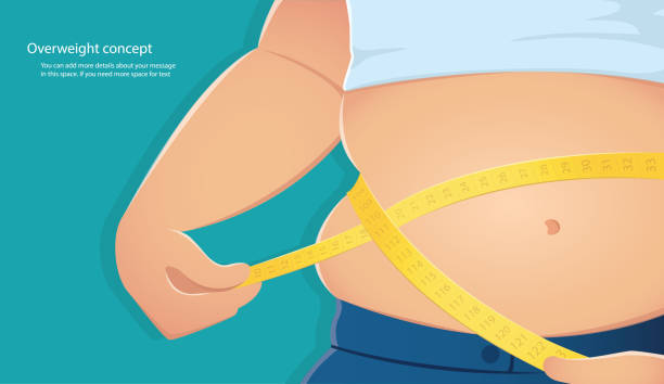 과체중, 뚱뚱한 사람은 파란색 배경 벡터 일러스트 레이션 eps10와 그의 허리 라인을 측정하는 척도를 사용 - 무거운 stock illustrations