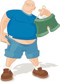 Fully editable vector illustration of a disgruntled man comparing size labels to some new shorts.
