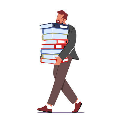 Overworked Businessman Carry Huge Steak of Documents Folders. Workaholic Office Character, Employee Overload at Work, Busy Manager at Workplace with Paper Heap. Cartoon People Vector Illustration