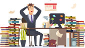 Overworked businessman. Stressed frustrated director manager hard work sitting office table pile papers documents vector character. Illusstration of office employee busy and overworked
