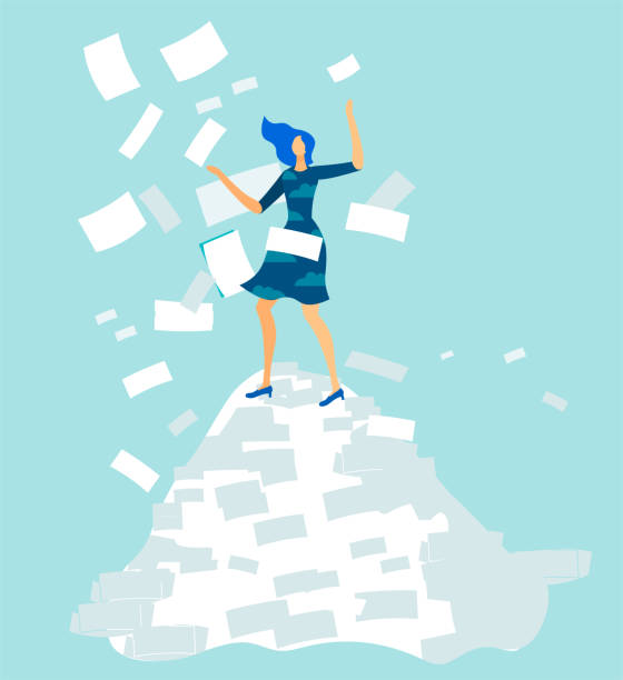 belge yığını üzerinde overworked kadın ofis i̇şçisi - avalanche stock illustrations