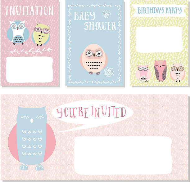 Owl cards Owl invitation cards. Baby shower card for baby boy and girl. Vector illustration. pregnant borders stock illustrations