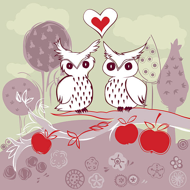 owl couple on apple tree vector art illustration