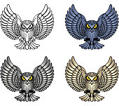 Owl logo set. Four color isolated on white background
