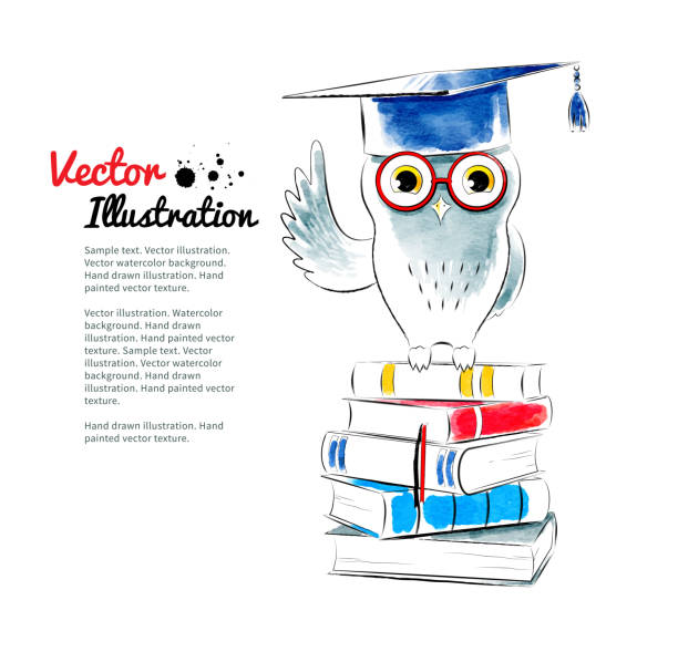 Owl sitting on books. Owl sitting on books. Watercolor vector illustration. Isolated. graduation drawings stock illustrations
