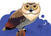 vector illustration of owl standing on pole at night