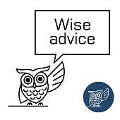 Owl with speech bubble line style illustration. Wise advice concept. Owl speaking.