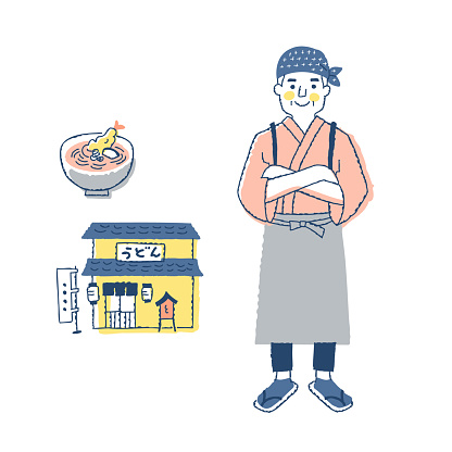 Owner of a Udon  shop with his arms crossed
