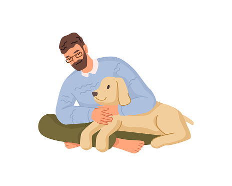 Owner of pet caring for dog, spending time with canine animal. Vector flat cartoon character hugging puppy. Bearded male personage wearing glasses with best friend, happy dog owner