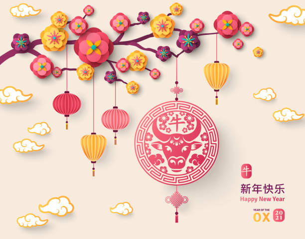 Ox emblem and Flowers Chinese Greeting Card with Zodiac Symbol for 2021. Vector illustration. Bull in Emblem and Asian Lanterns Hanging on Bright Background. Hieroglyph: in Pendant - Ox, Long phrase - Happy New Year chinese new year stock illustrations