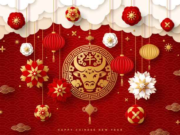 Ox, flowers and clouds 2021 Chinese New Year banner or party invitation background with clouds, emblem with Zodiac Ox and flowers in paper cut style. Vector illustration. Asian lanterns and confetti. Place for text. chinese new year stock illustrations