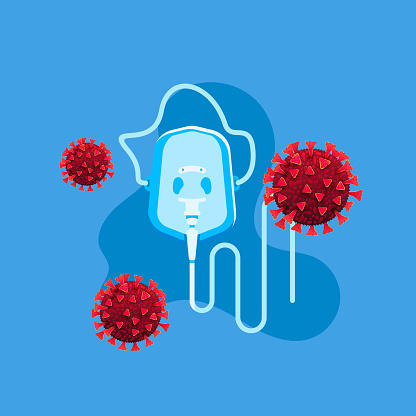 Oxygen mask with coronavirus cell on blue background in flat lay style