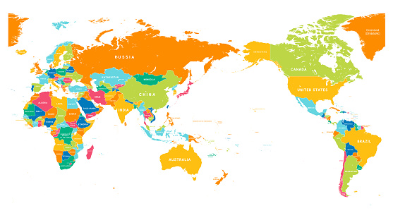 Pacific centered political map of World. Vector illustration