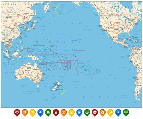 태평양 지도 및 컬러 맵 아이콘 - 태평양 stock illustrations