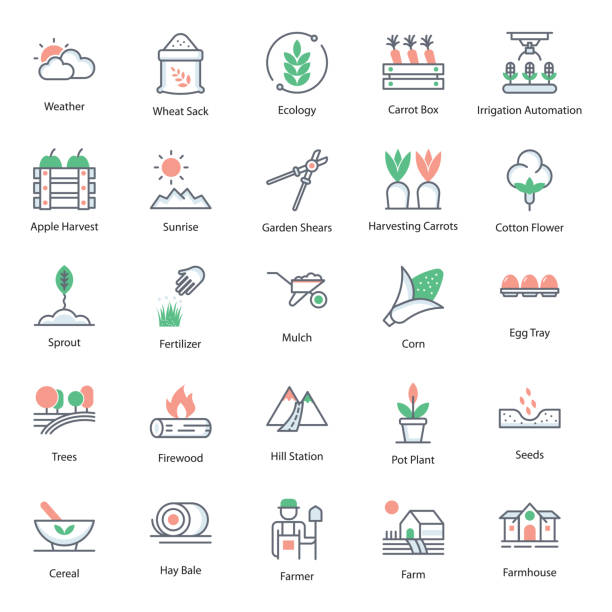 Pack Of Agriculture Flat Icons We bring you this amazing farm and agriculture icons pack. Agriculture vectors are creatively designed in line style. Download this icons set for biomass, biodiversity and other related projects. mulch stock illustrations
