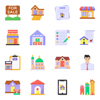 Pack of Buildings and Documents Flat Icons
