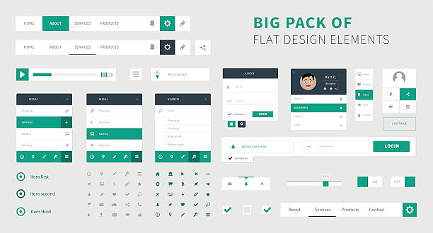 Pack of Flat design ui kit vector for webdesign Style flat ui kit design set for web design. Flat icons with menu, search bar and social bar. user experience stock illustrations