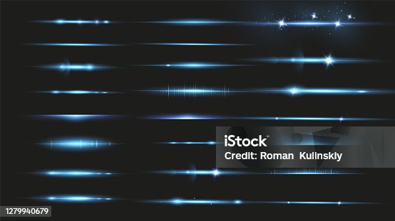 istock Package Blue horizontal lenses, glare, laser beams, glare, light rays, glowing stripes on a dark background, abstract glowing background. 1279940679
