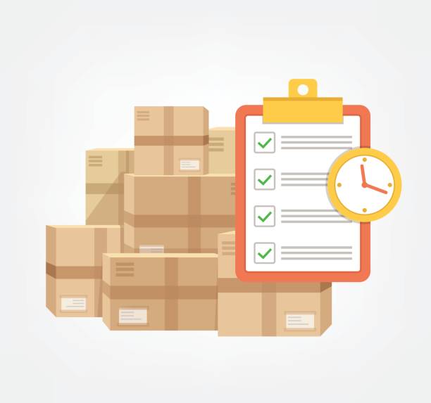 paket-box mit checkliste und uhr zeit.  symbol "logistische schnelle online-lieferung konzept web" - paket stock-grafiken, -clipart, -cartoons und -symbole