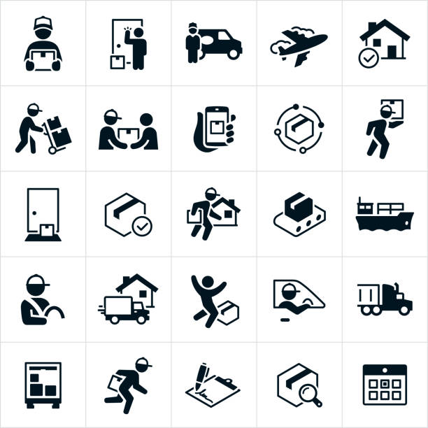 A set of package delivery icons. The icons include deliverymen, couriers, packages, delivering packages to homes, air freight, packages being delivered on a dolly, customers, tracking package delivery, package at doorstep of home, freight liner, delivery person behind the wheel, delivery truck, semi-truck a calendar and more.