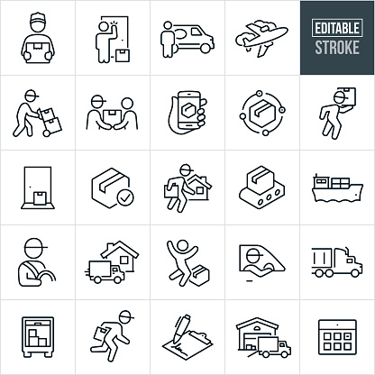 A set of package shipping and delivery icons that include editable strokes or outlines using the EPS vector file. The icons include a delivery man delivering a package, deliveryman knocking on door to delivery package, worker standing in front of a delivery van, airplane used to ship packages, deliveryman with hand truck and parcels to deliver, deliveryman handing a package to a customer, hand holding a smartphone with a package on the screen, delivery person carrying a package to a house, parcel delivery on the doorstep of a home, conveyor belt with cardboard box, freight liner with shipping containers, delivery driver behind steering wheel, delivery truck, customer jumping for joy over receiving package in mail, semi-truck, customer signature, delivery truck at warehouse to pick up parcels, calendar date and other shipping and delivery related icons.