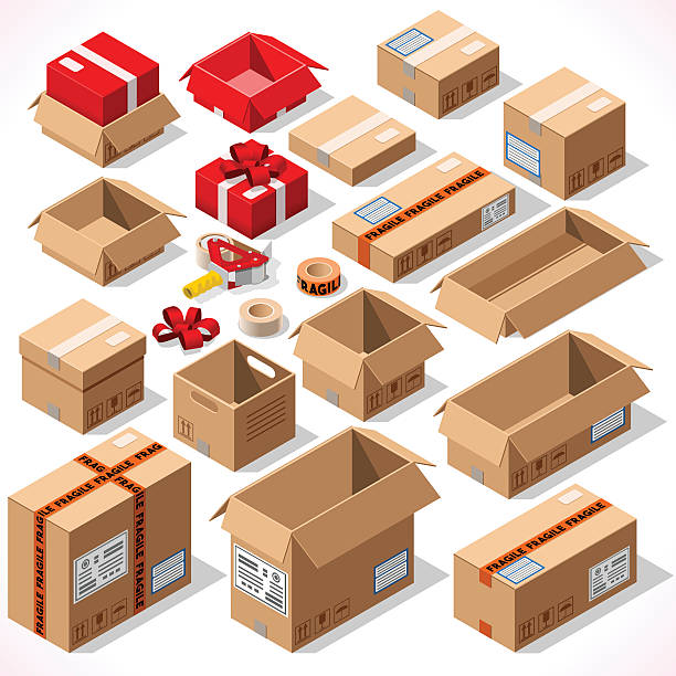 Packaging 01 Objects Isometric Cardboard Boxes Set opened closed sealed with tape dispenser big or small format. Flat style vector illustration isolated on white background. Delivery Infographic for holiday gift safe move stock illustrations