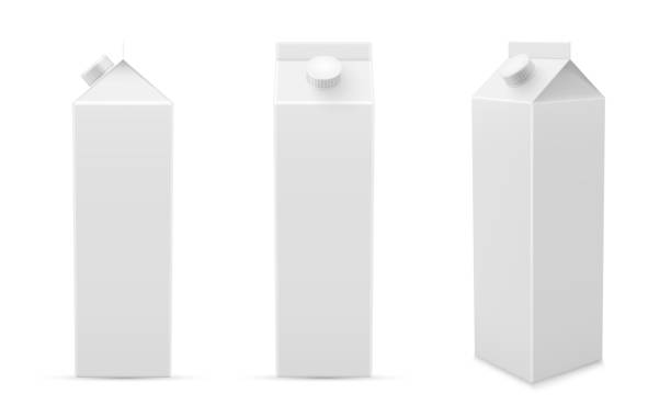 Packaging for milk or juice carton mock ups set for your branding. High paper boxes with lids. Packaging for milk or juice carton mock ups set for your branding. High paper boxes with lids for summer drinks, beverages, dairy products. Front, side, three quater view. Vector isolated collection. eggnog stock illustrations