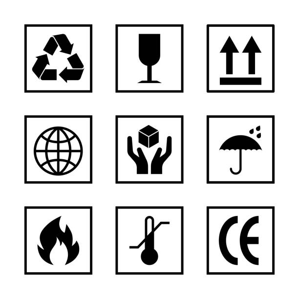 Packaging sign frame set isolated Packaging pictogram set isolated on white background. Packing icon collection including fragile, recycle, right side up, keep dry, CE marking and other signs. For box, design, infographic fragility stock illustrations