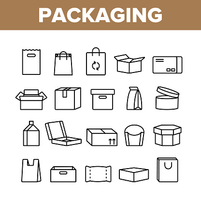 Packaging Types Vector Thin Line Icons Set. Packaging Boxes, Shopping Bags. Cardboard, Paper, Recyclable Containers Linear Pictograms. Pizza, Fast Food, Takeaway Packaging Contour Illustrations