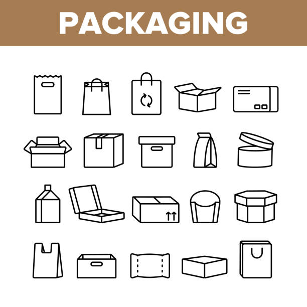 Packaging Types Vector Thin Line Icons Set Packaging Types Vector Thin Line Icons Set. Packaging Boxes, Shopping Bags. Cardboard, Paper, Recyclable Containers Linear Pictograms. Pizza, Fast Food, Takeaway Packaging Contour Illustrations bag stock illustrations