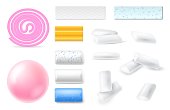 Pads chewing gum. Realistic different flavors and shapes bubble gum, pads, plates and twisted spiral, gummy candies. Menthol and sweet taste, dental health, oral freshness, vector 3d isolated set