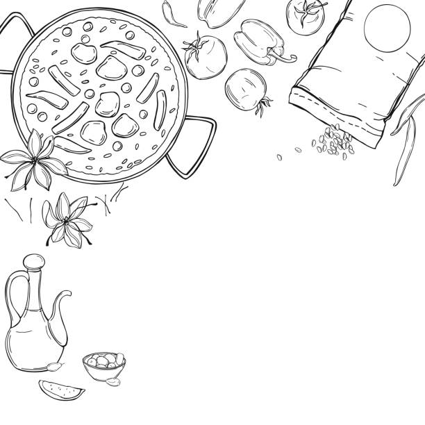 stockillustraties, clipart, cartoons en iconen met paella set. vectorachtergrond. - chorizo
