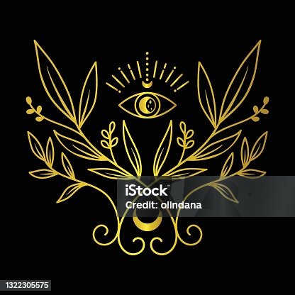 istock Pagan symbolic with floral ornament third eye and crescent moon 1322305575