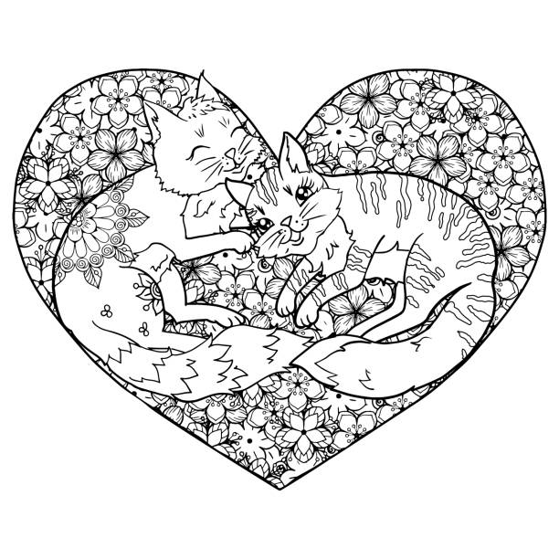 page for the coloring book with cats in love page for antistress coloring book with cats in love. art therapy for children and adults. cute kittens in a flower heart. contour drawing. tattoo sketch. stock vector image. cute cat coloring pages stock illustrations